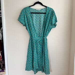 Rolla's Cleo Emmy Lou Wrap Dress Teal Blue Floral Self-Tie Short Sleeve Sz L